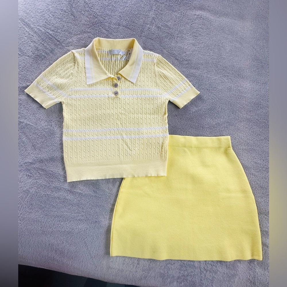 Zara Womens Yellow Knit Polo Top and Skirt Set Size S